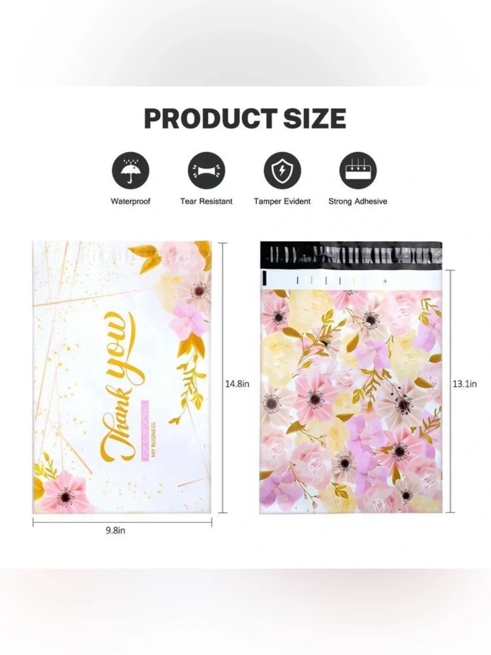 Set of 25 10”x13” Thank You Floral Pink and‎ Gold Poly Mailers